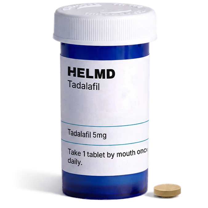 A HELMD Daily Tadalafil container with one tablet beside it