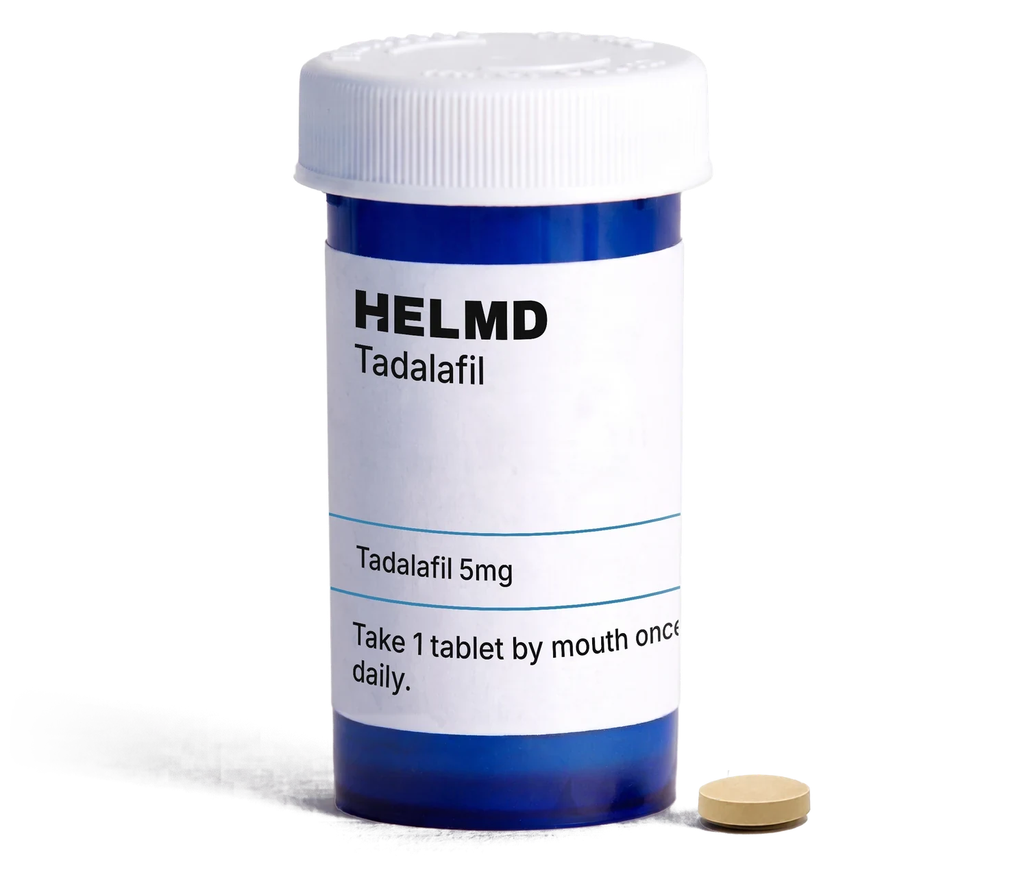 A HELMD daily tadalafil container with one tablet beside it