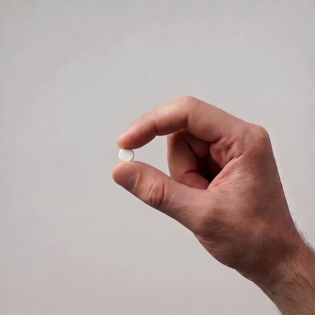 A hand holding a HELMD Drive sublingual tablet