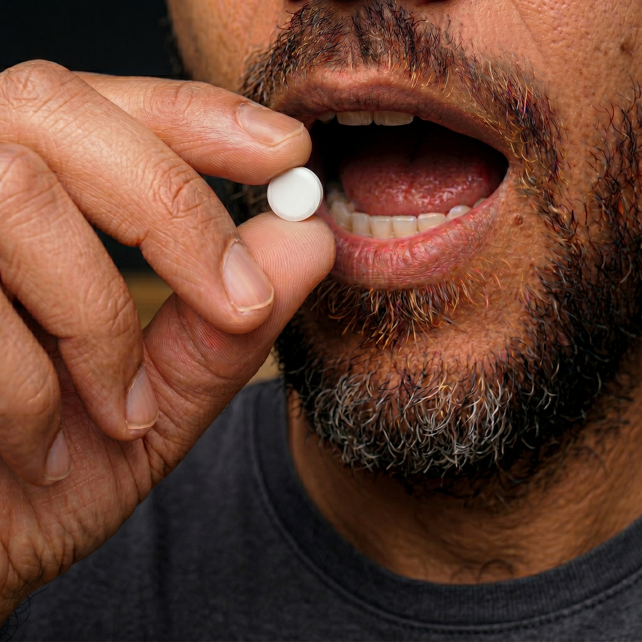 Man placing a HELMD sublingual tablet under his tongue